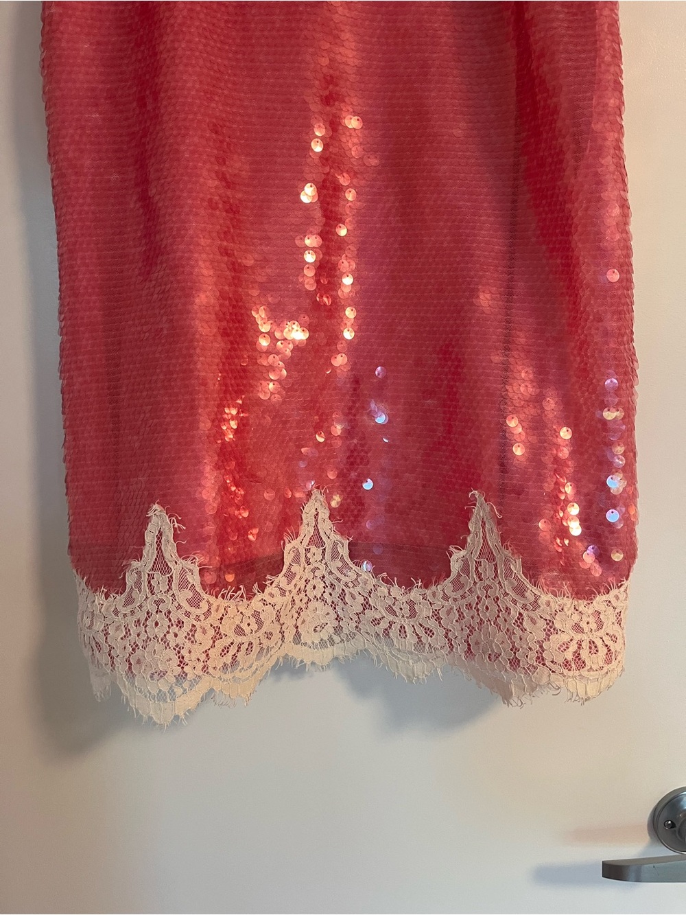 Sequin Slip Mini Dress with Cream Lace Trim in Pink - Picture 4 of 7
